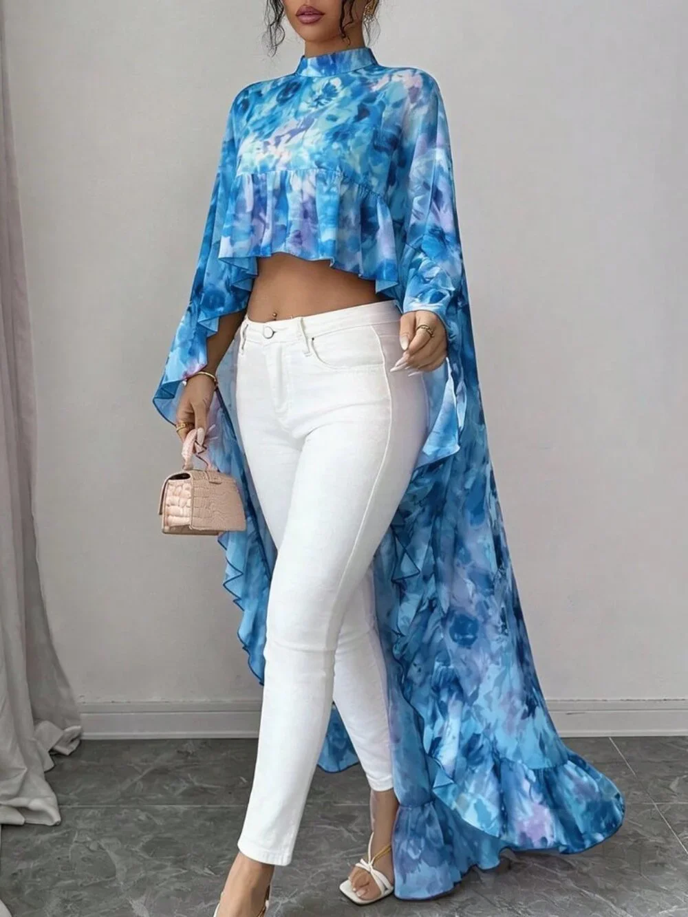 Blue Women's darin Collar Chiffon Floral Ruffle Trim hi-low Elegant Blouse top - Picture 3 of 6